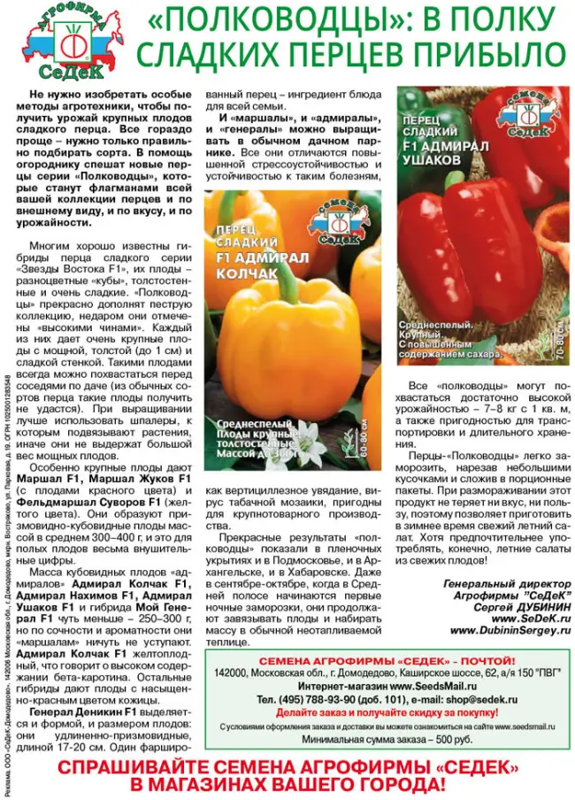 Перец Адмирал Нахимов: отзывы об урожайности, фото семян Седек, характеристика и описание сладкого болгарского сорта
